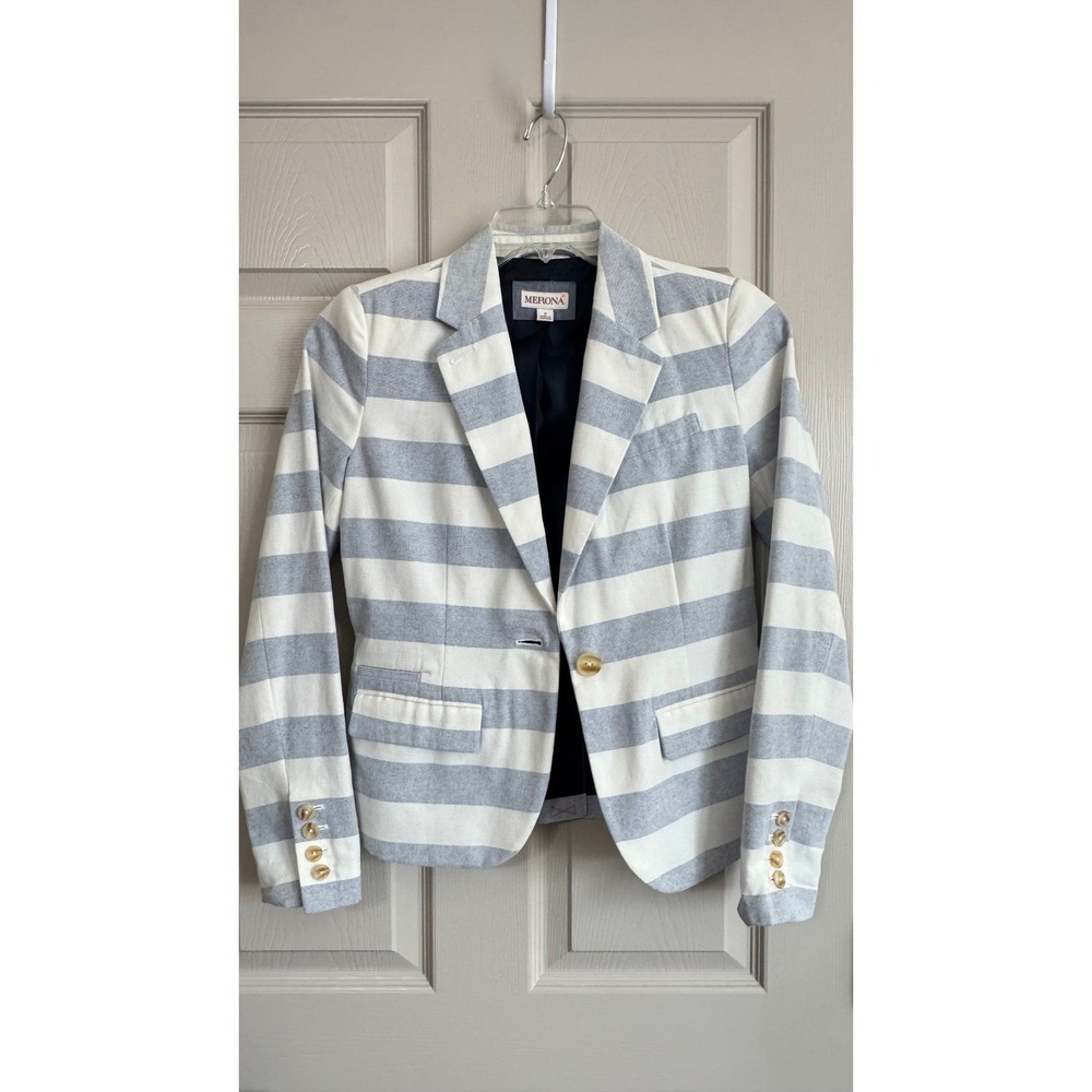 Merona Womens Blue White Striped Cotton Blazer Size 2 Nautical‎ Classic Summer